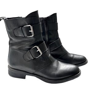 Emanuele Crasto Double Buckle Moto Boots Black Italian Leather Women 8.5/39